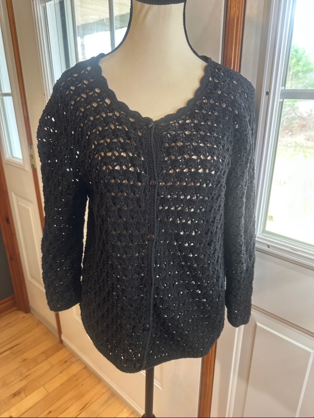 Northern Reflections Black Crochet Open-Knit Button Cardigan Sweater